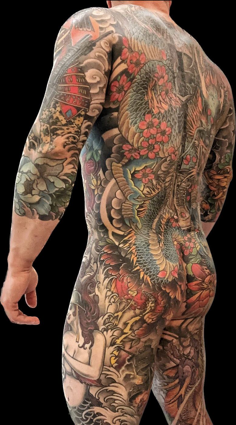 Full-body Japanese bodysuit with dragon, cherry blossoms and koi by Jeremy Swan