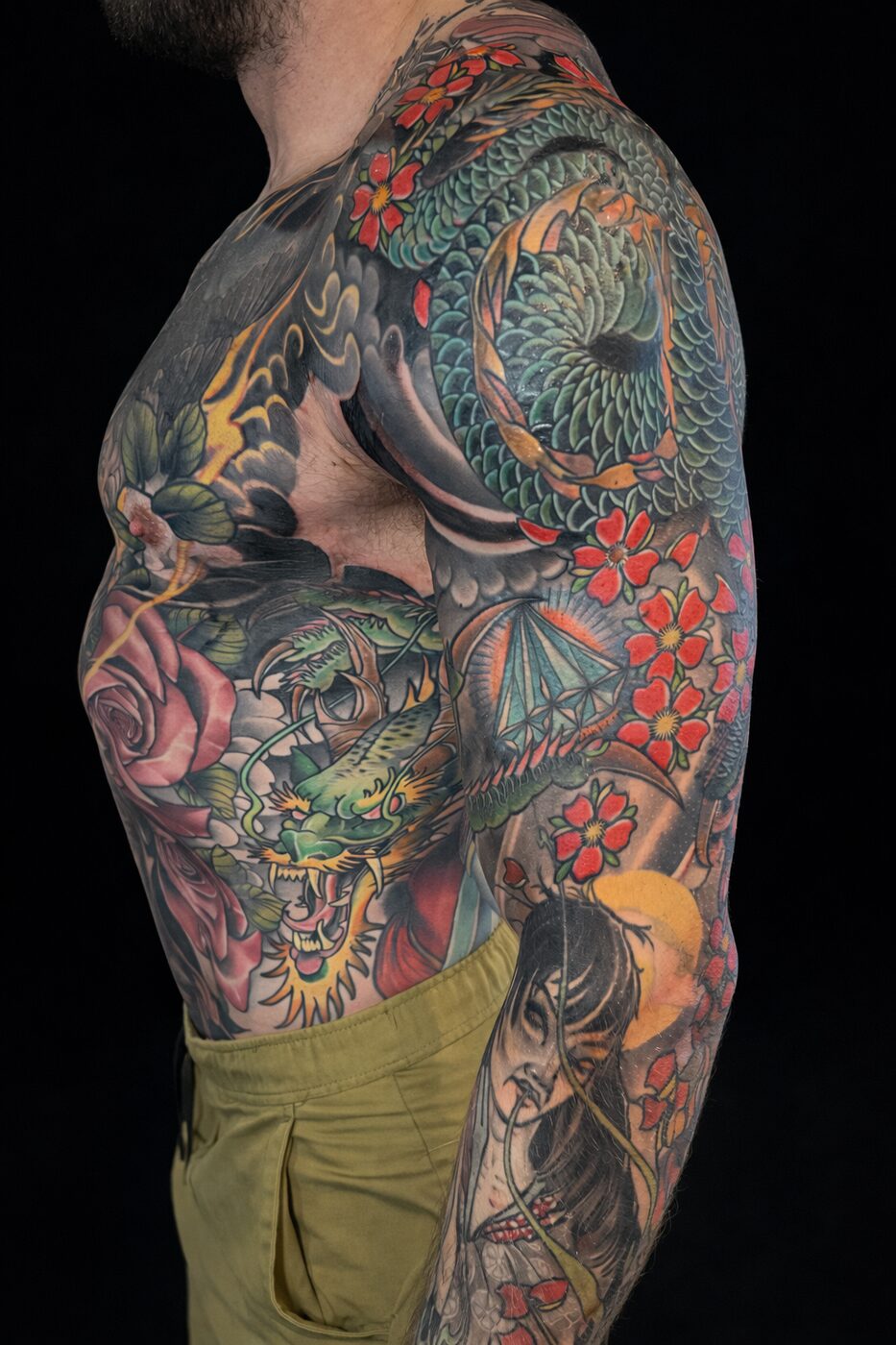 Large-scale Japanese dragon sleeve and chest panel by Jeremy Swan