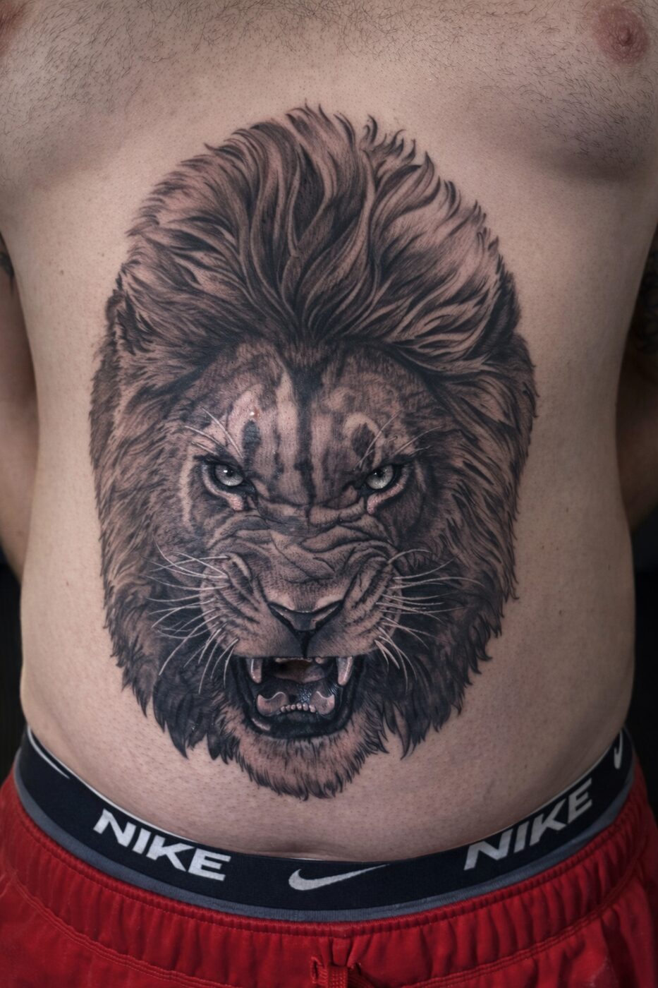 Black and grey realistic lion's head tattoo on the stomach by Jeremy Swan
