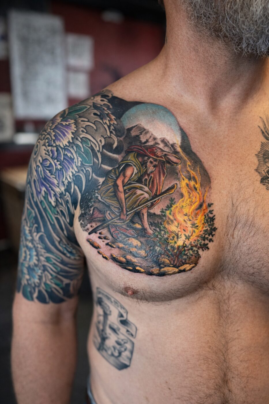 Moses and the burning bush tattoo in illustrative realism by Jeremy Swan