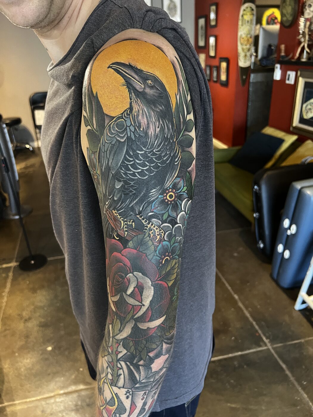 Neo-traditional raven, roses and skull cover-up sleeve by Broken Art Tattoo, Los Angeles